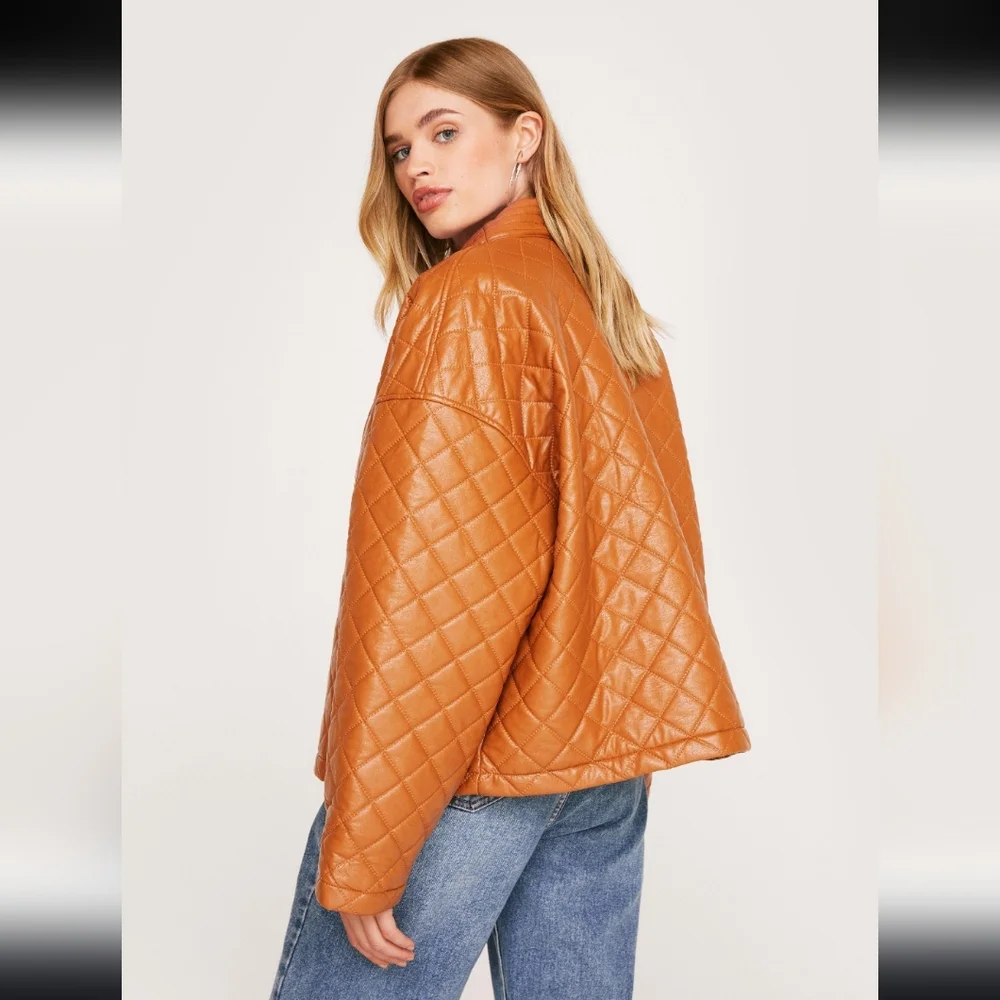 Nasty Gal Tan Quilted Leather Jacket - Picture 3 of 13